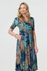 Blue | Leaf Print Wrap Front Pleat Midi Dress
