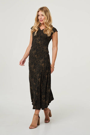 Black | Polka Dot Cap Sleeve A-Line Maxi Dress
