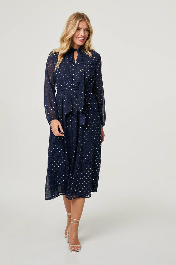 Navy | Polka Dot Print Long Sleeve Midi Dress