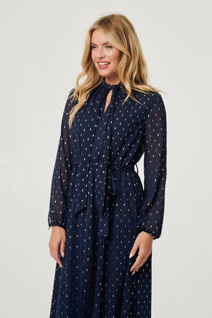 Navy | Polka Dot Print Long Sleeve Midi Dress