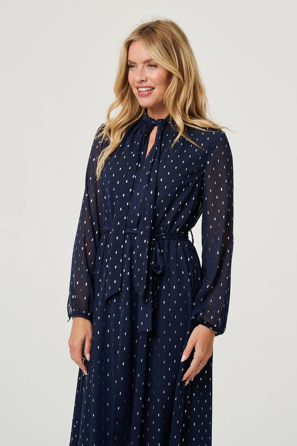 Navy | Polka Dot Print Long Sleeve Midi Dress