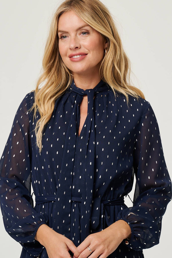 Navy | Polka Dot Print Long Sleeve Midi Dress
