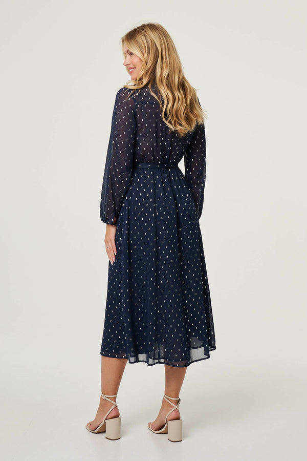 Navy | Polka Dot Print Long Sleeve Midi Dress