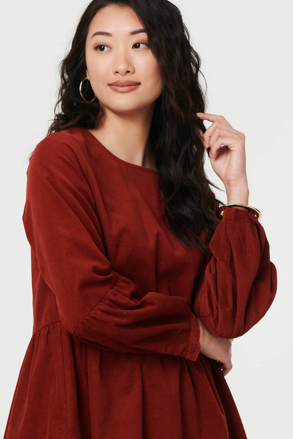 Rust | Relaxed Long Sleeve Short Smock Dress

