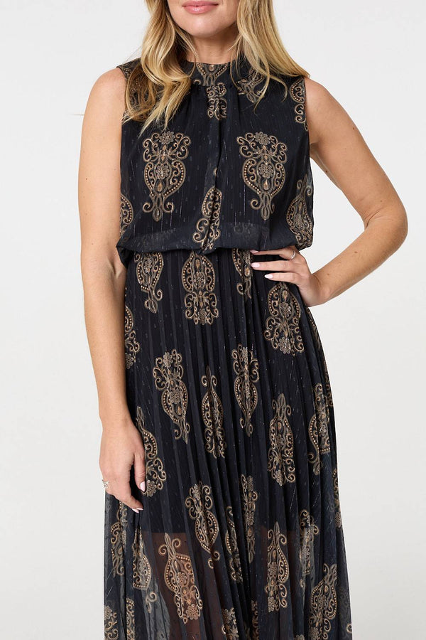 Black | Printed High Neck Sleeveless Mesh Dress
