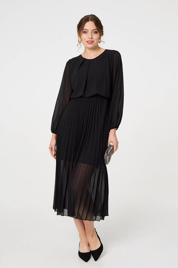Black | Semi Sheer Pleat Long Sleeve Midi Dress
