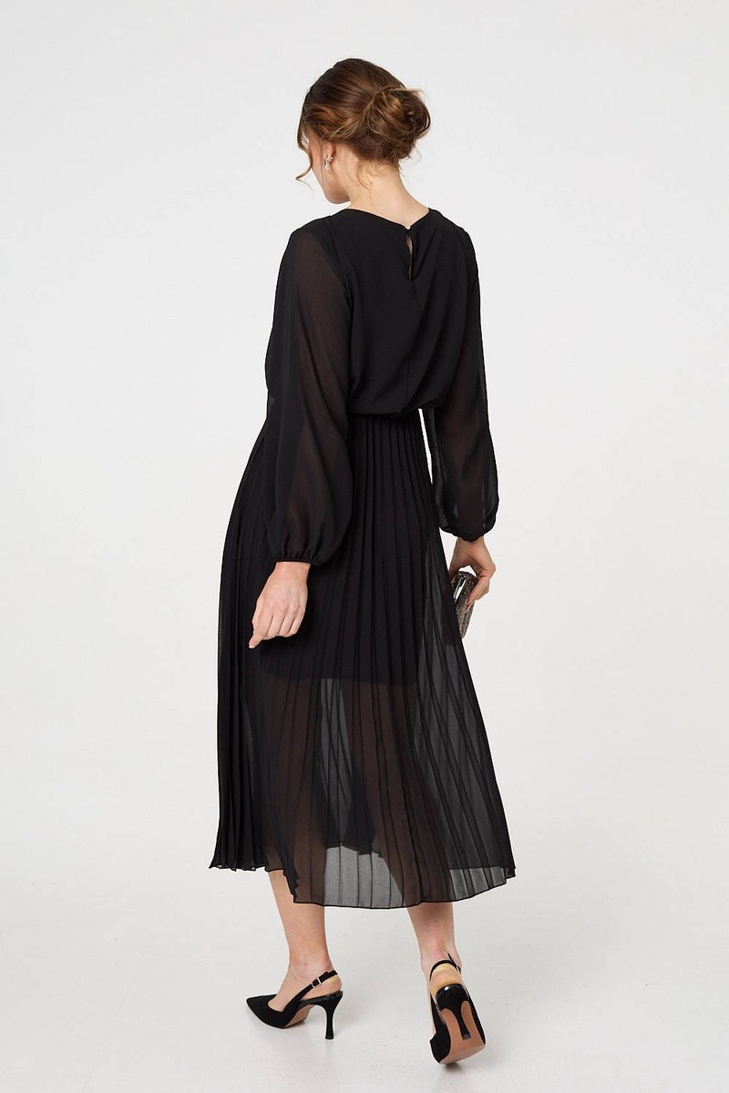 Semi Sheer Pleat Long Sleeve Midi Dress | Izabel London Semi Sheer Pleat Long Sleeve Midi Dress | Izabel London