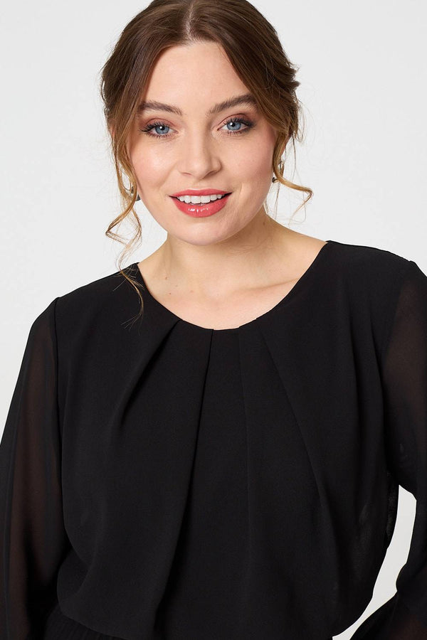 Black | Semi Sheer Pleat Long Sleeve Midi Dress
