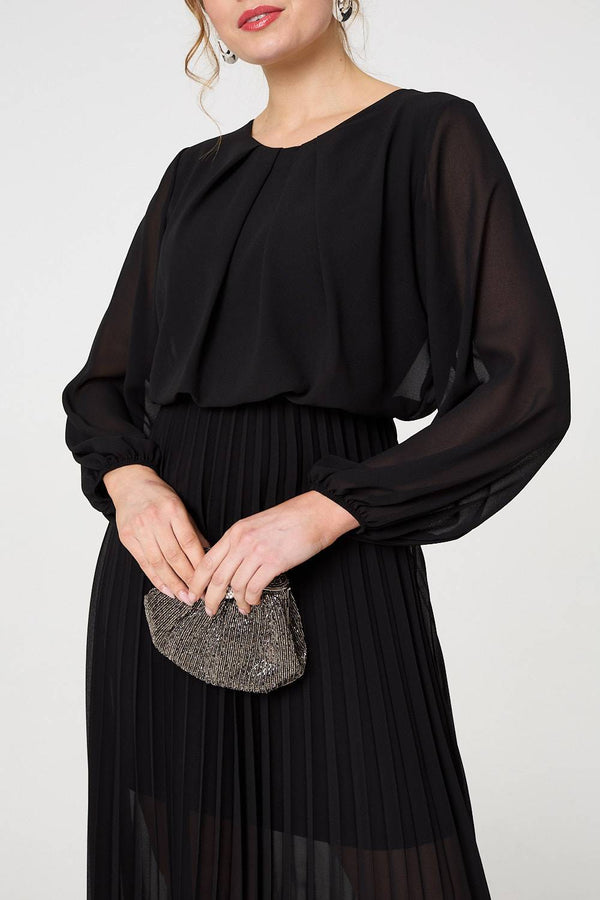Black | Semi Sheer Pleat Long Sleeve Midi Dress
