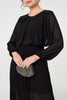 Black | Semi Sheer Pleat Long Sleeve Midi Dress
