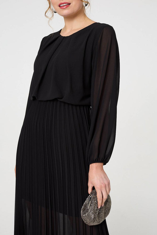 Black | Semi Sheer Pleat Long Sleeve Midi Dress

