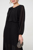 Black | Semi Sheer Pleat Long Sleeve Midi Dress
