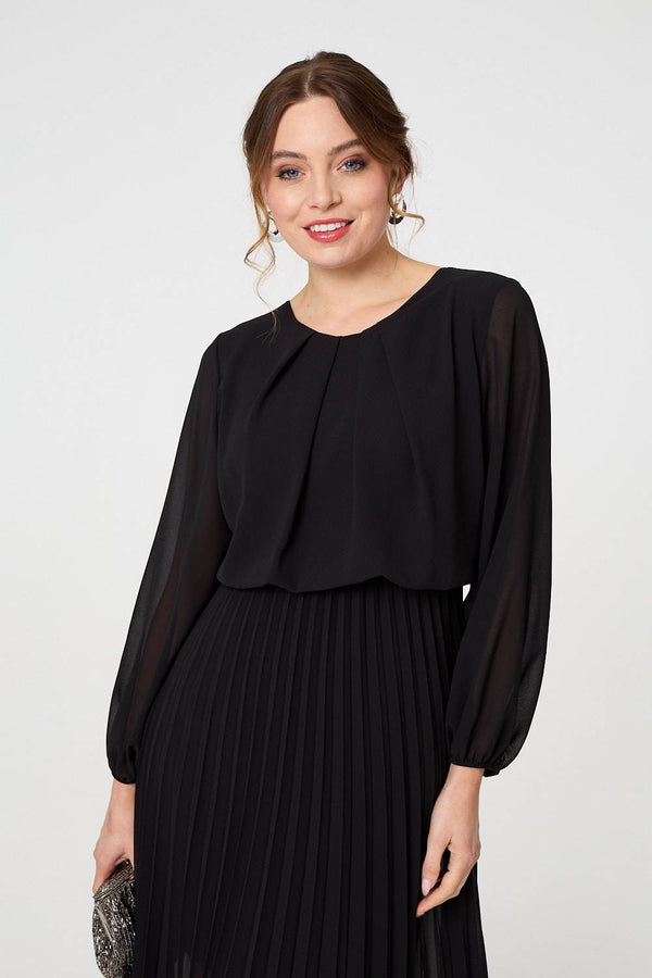 Black | Semi Sheer Pleat Long Sleeve Midi Dress
