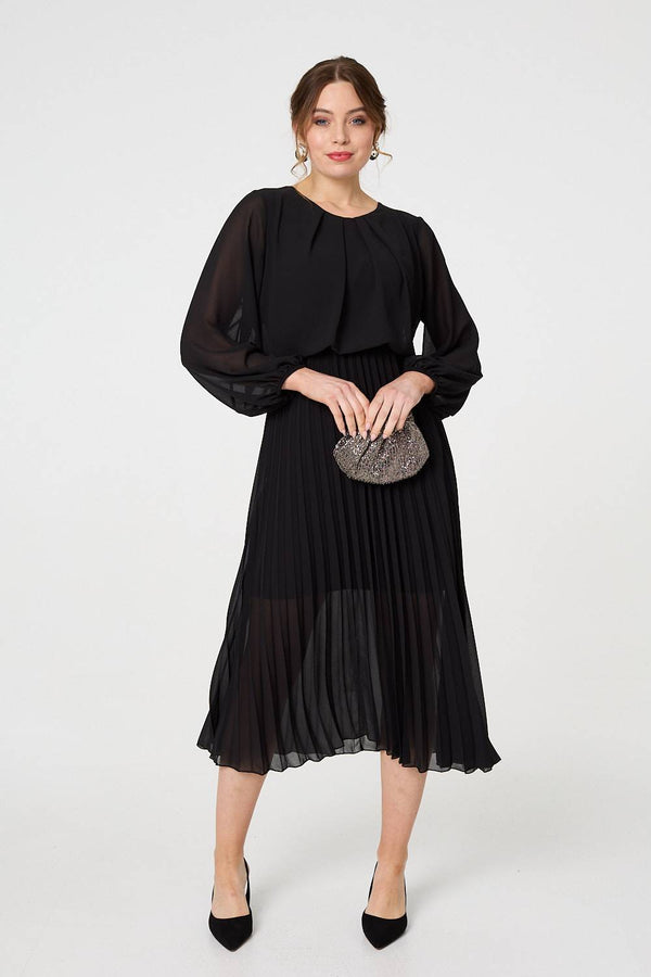 Black | Semi Sheer Pleat Long Sleeve Midi Dress
