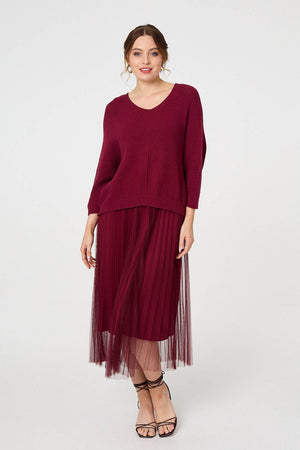 Burgundy | Layered Knit Top Mesh Pleated Midi Dress