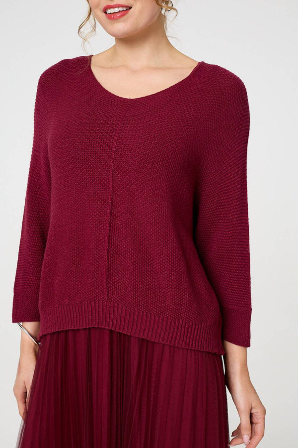 Burgundy | Layered Knit Top Mesh Pleated Midi Dress