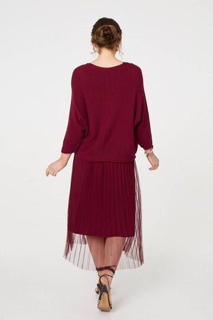 Burgundy | Layered Knit Top Mesh Pleated Midi Dress