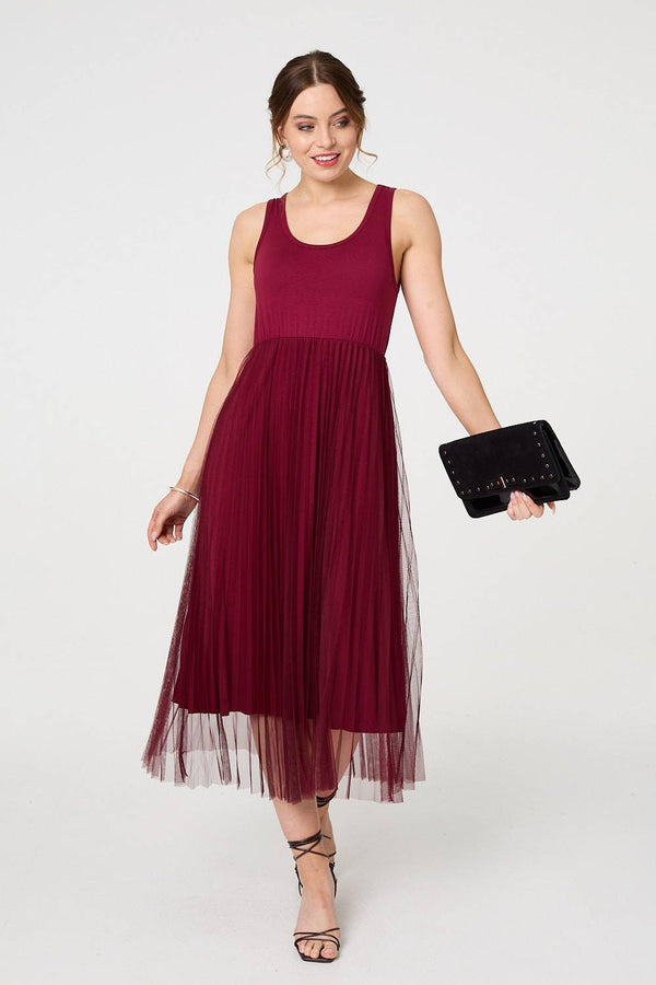 Burgundy | Layered Knit Top Mesh Pleated Midi Dress