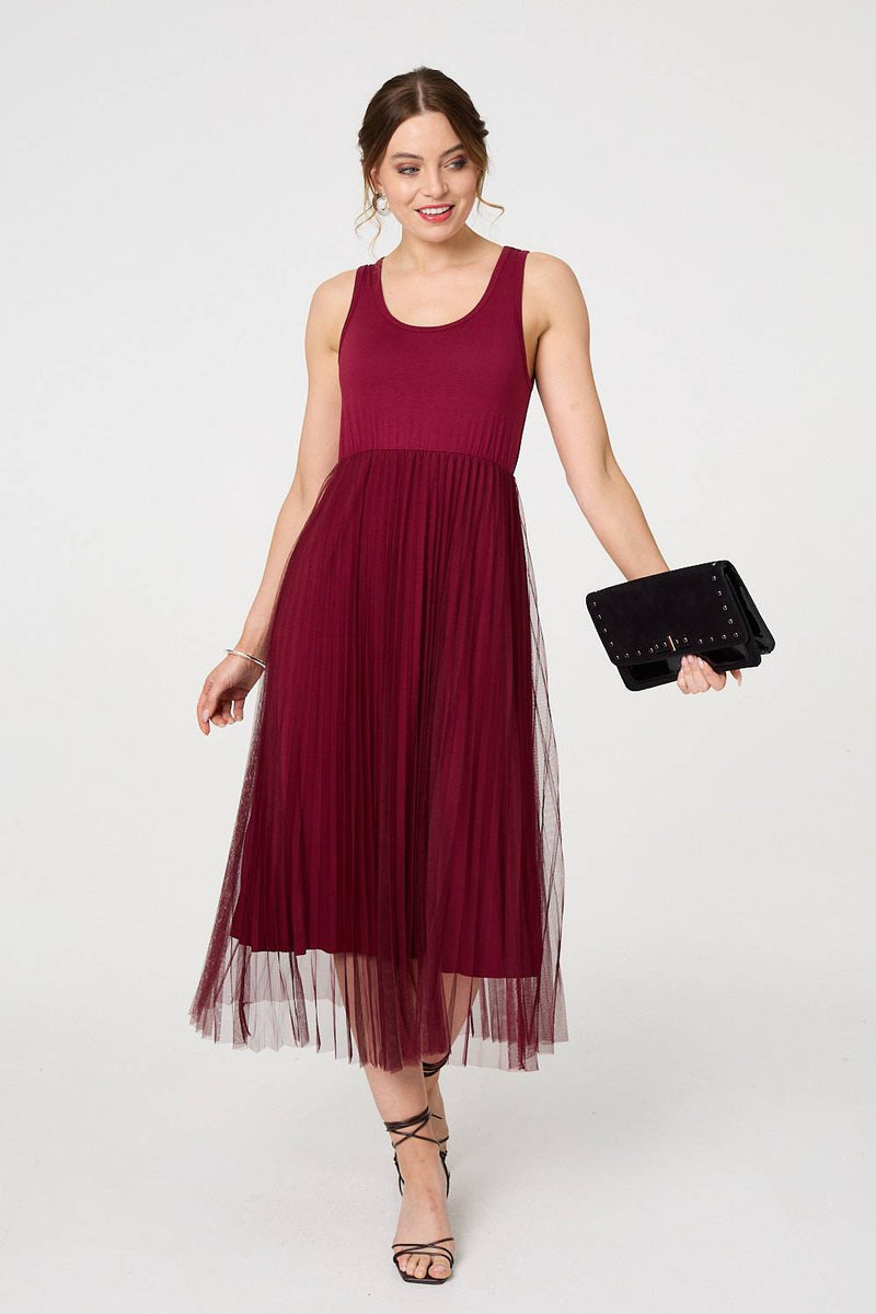 Layered Knit Top Mesh Pleated Midi Dress | Izabel London Layered Knit Top Mesh Pleated Midi Dress | Izabel London