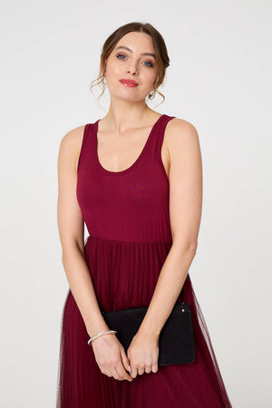 Burgundy | Layered Knit Top Mesh Pleated Midi Dress