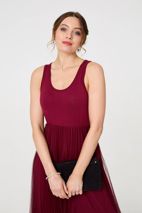 Burgundy | Layered Knit Top Mesh Pleated Midi Dress