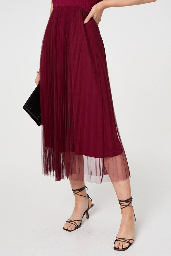 Burgundy | Layered Knit Top Mesh Pleated Midi Dress