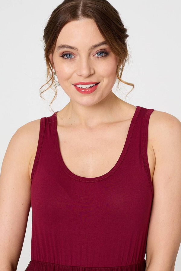 Burgundy | Layered Knit Top Mesh Pleated Midi Dress