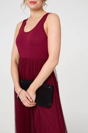 Burgundy | Layered Knit Top Mesh Pleated Midi Dress