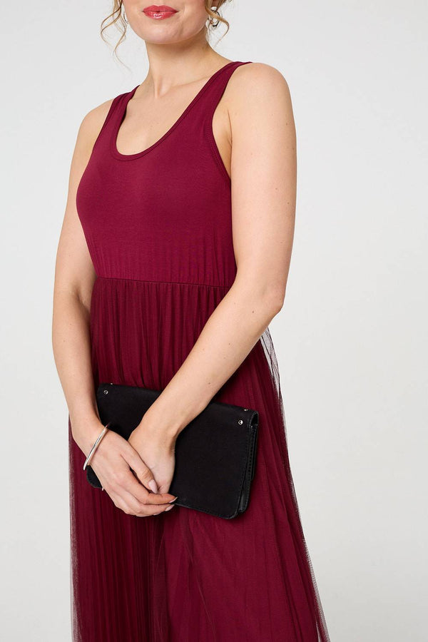 Burgundy | Layered Knit Top Mesh Pleated Midi Dress