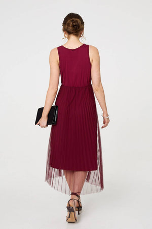 Burgundy | Layered Knit Top Mesh Pleated Midi Dress