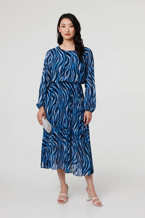 Blue | Animal Print Layered Pleated Midi Dress
