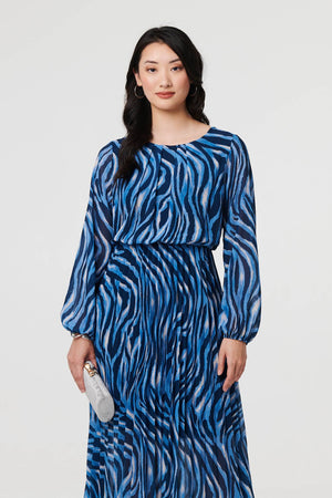 Blue | Animal Print Layered Pleated Midi Dress

