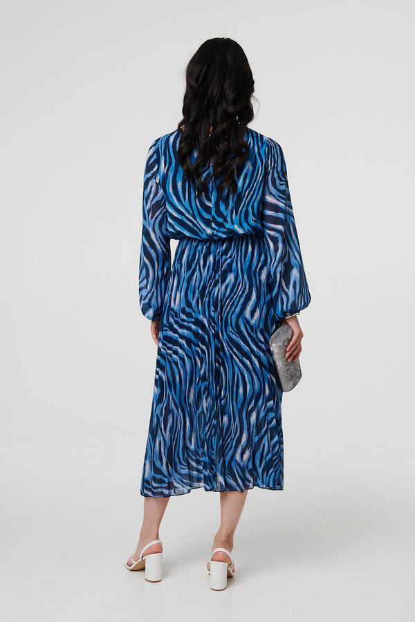 Blue | Animal Print Layered Pleated Maxi Dress
