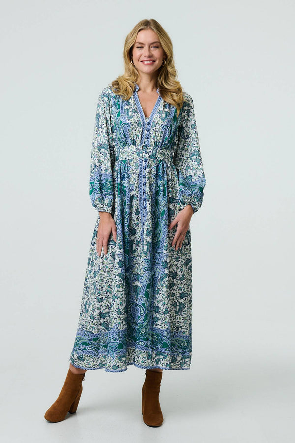 Green | Paisley Long Puff Sleeve Empire Maxi Dress
