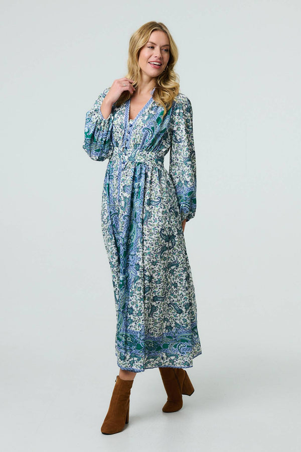 Green | Paisley Long Puff Sleeve Empire Maxi Dress
