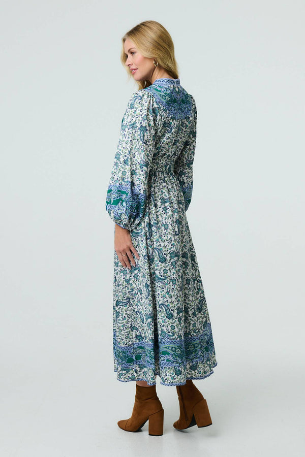 Green | Paisley Long Puff Sleeve Empire Maxi Dress
