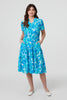 Blue | Printed Short Sleeve Tie Waist Midi Dress

