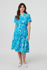 Blue | Printed Short Sleeve Tie Waist Midi Dress

