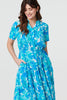Blue | Printed Short Sleeve Tie Waist Midi Dress

