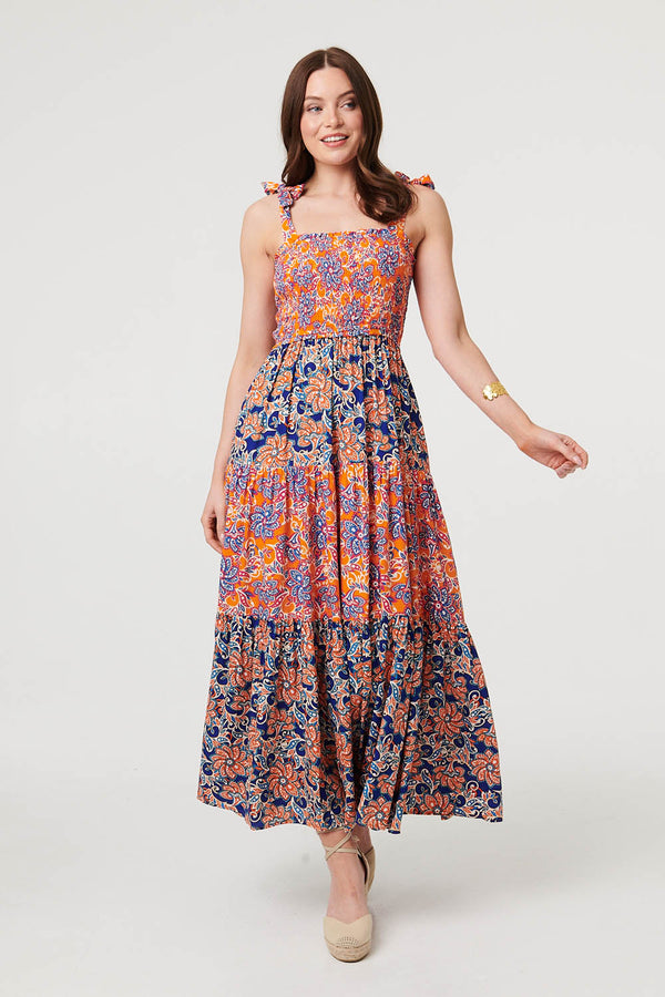 Orange | Floral Tiered Tie Strap Maxi Sun Dress
