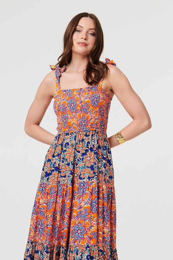 Orange | Floral Tiered Tie Strap Maxi Sun Dress