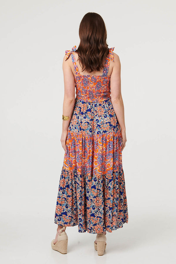 Orange | Floral Tiered Tie Strap Maxi Sun Dress