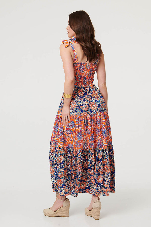 Orange | Floral Tiered Tie Strap Maxi Sun Dress