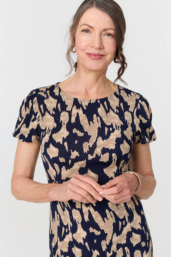 Navy | Printed Short Sleeve Slim Fit Midi Dress
