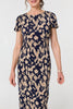 Navy | Printed Short Sleeve Slim Fit Midi Dress
