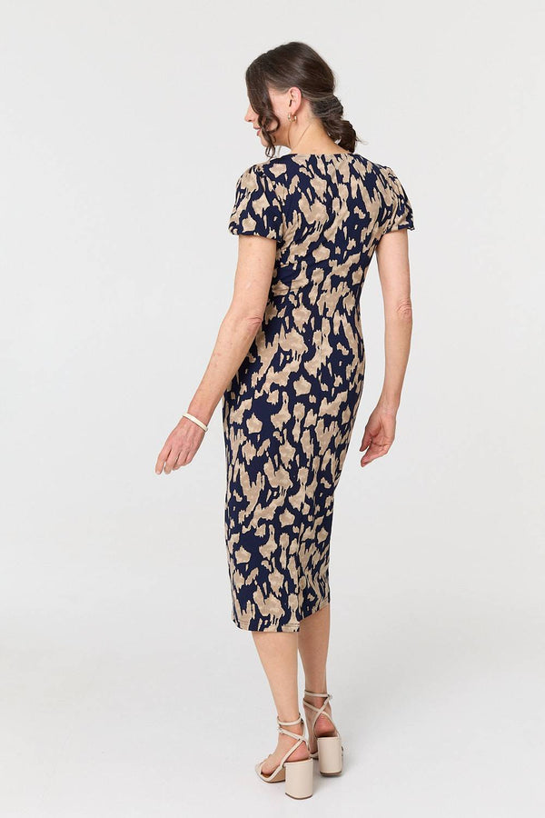 Navy | Printed Short Sleeve Slim Fit Midi Dress
