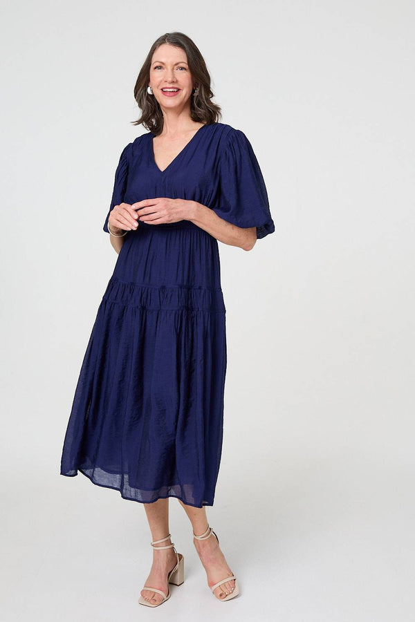Navy | Printed 1/2 Sleeve Empire Maxi Dress
