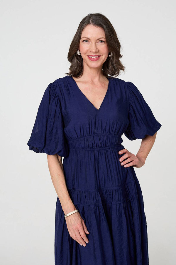 Navy | Printed 1/2 Sleeve Empire Maxi Dress
