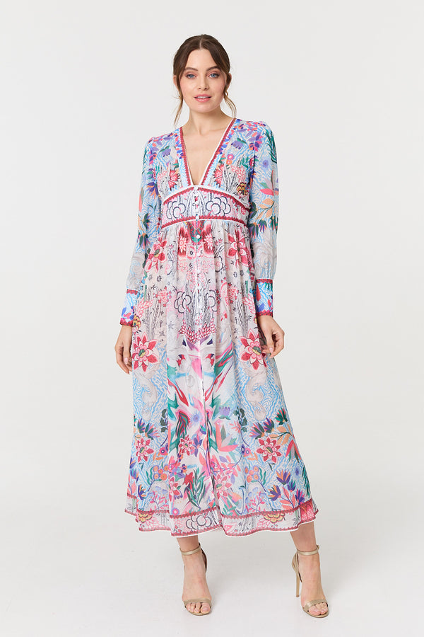 Blue | Floral Empire Waist Long Sleeve Maxi Dress
