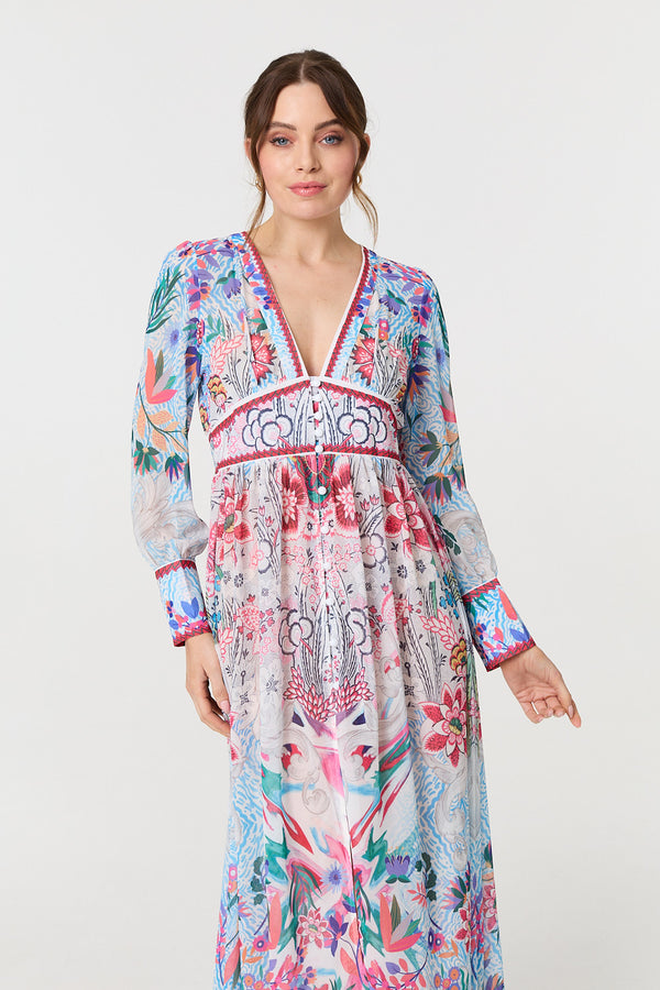 Blue | Floral Empire Waist Long Sleeve Maxi Dress
